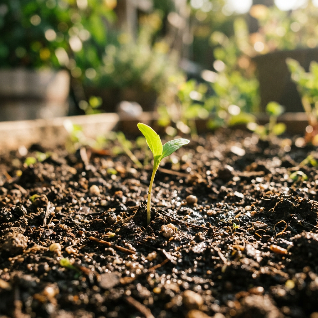 Single young green seedling sprouting from dark moist soil